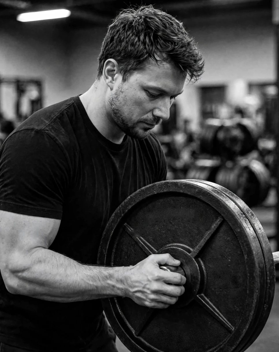 Gökhan Güldük, personal trainer, loading a barbell plate in the gym